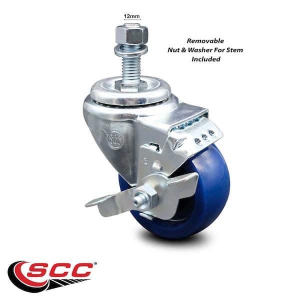 3 Inch Solid Polyurethane Wheel Swivel 12mm Threaded Stem Caster with Brake